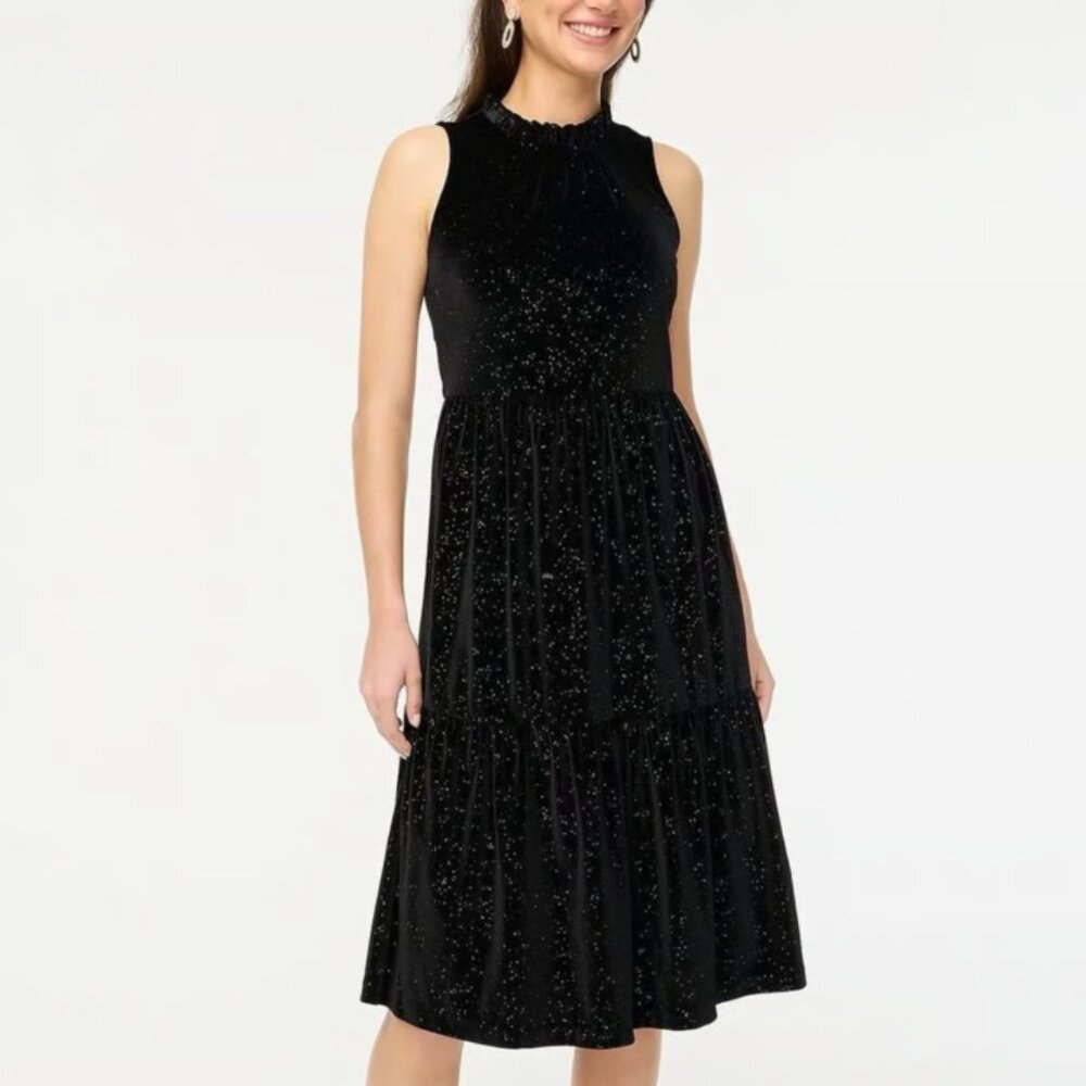 J. Crew Black Velvet Gold Sparkling Tiered Ruffle Neck Midi Dress size 12